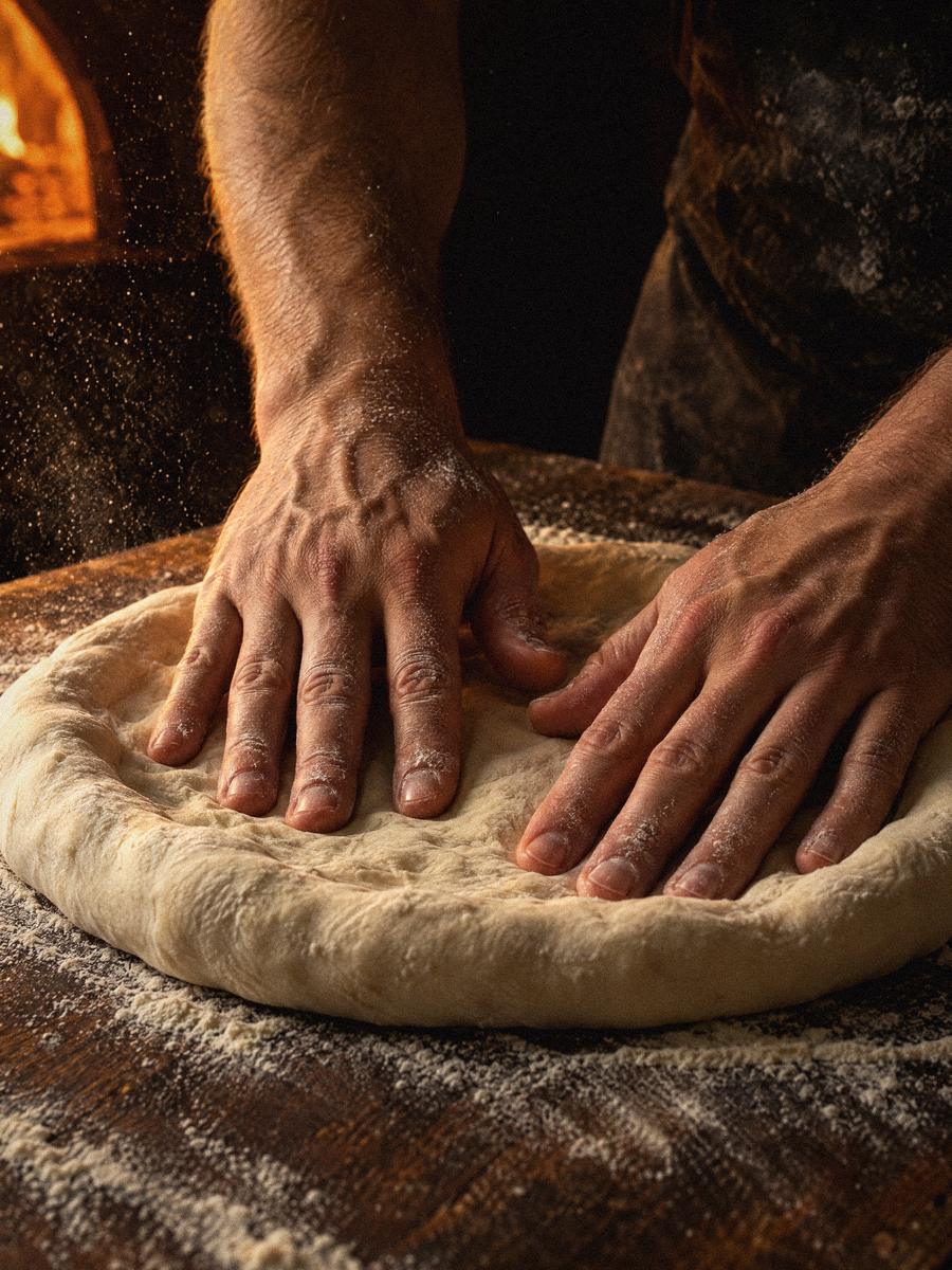 Hands pressing a ball of dough out from the middle, leaving a puffy edge